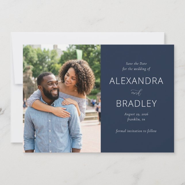 Elegant Navy Modern Photo Save The Date (Front)