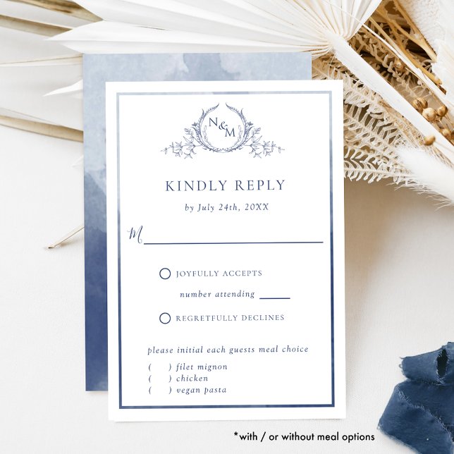 Elegant Navy Monogram and Watercolor Wedding RSVP (Creator Uploaded)