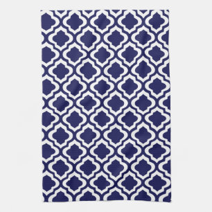Elegant Navy Moroccan Trellis Quatrefoil Clover Tea Towel