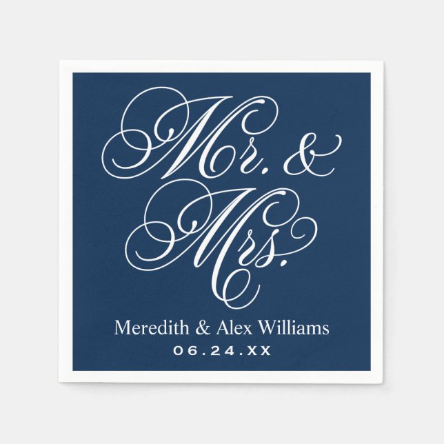 Elegant Navy Mr and Mrs Script Custom Monogram Napkin (Front)