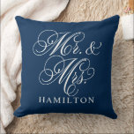 Elegant Navy Mr and Mrs Script Wedding Cushion<br><div class="desc">An elegant navy throw pillow featuring Mr. and Mrs. in flowing white calligraphy script with a customisable family name. The classic white-on-navy design delivers a sophisticated wedding gift or timeless newlywed home accent. All text is fully editable to personalise with the couple's name.</div>