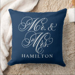 Elegant Navy Mr and Mrs Script Wedding Cushion<br><div class="desc">An elegant navy throw pillow featuring Mr. and Mrs. in flowing white calligraphy script with a customisable family name. The classic white-on-navy design delivers a sophisticated wedding gift or timeless newlywed home accent. All text is fully editable to personalise with the couple's name.</div>