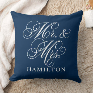 Elegant Navy Mr and Mrs Script Wedding Cushion