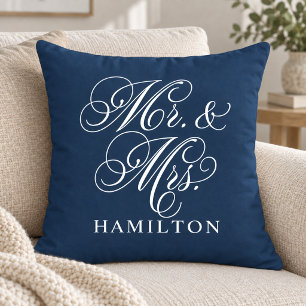 Elegant Navy Mr and Mrs Script Wedding Cushion