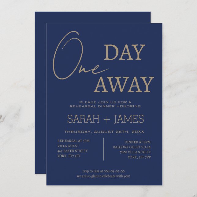 Elegant Navy One Day Away Rehearsal Dinner Wedding Invitation (Front/Back)