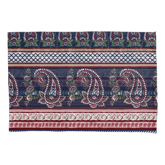 Elegant Navy Paisley: Timeless Border Design Pillowcase (Front)