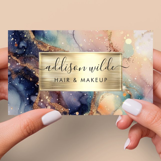 Elegant Navy Peach And Gold Watercolor Marble Business Card (Creator Uploaded)