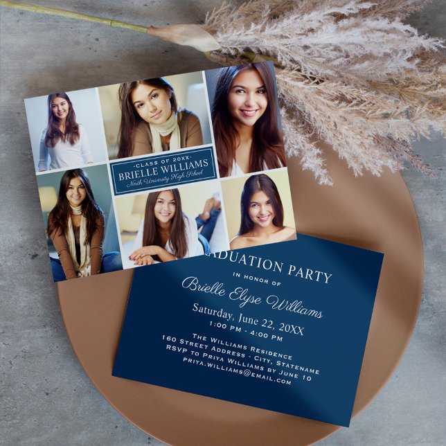 Elegant Navy Photo Collage Graduation Party Invitation (Creator Uploaded)