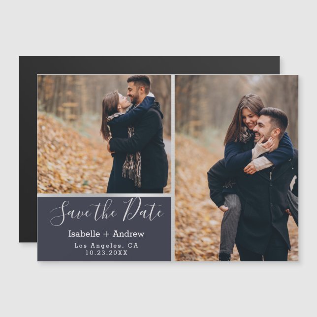Elegant Navy Photo Collage Silver Save the Date Magnetic Invitation (Front/Back)