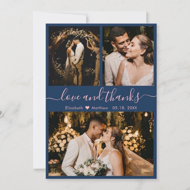 Elegant Navy Pink 3 Photo Collage Wedding Thank You Card (Front)