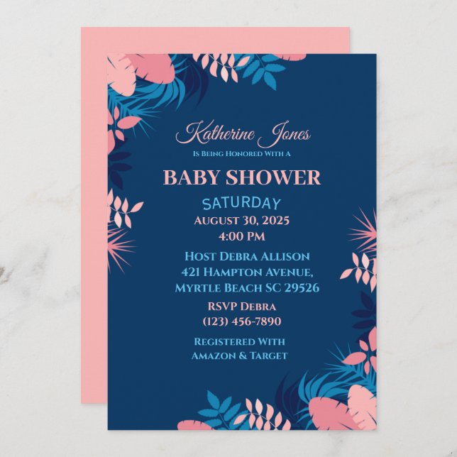 Elegant Navy Pink Floral Baby Shower Invitation (Front/Back)