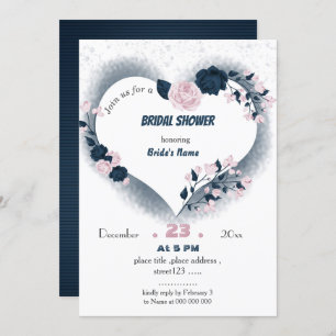 elegant navy & pink floral heart bridal shower invitation