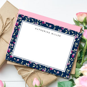 Elegant Navy & Pink Floral Pattern  Note Card
