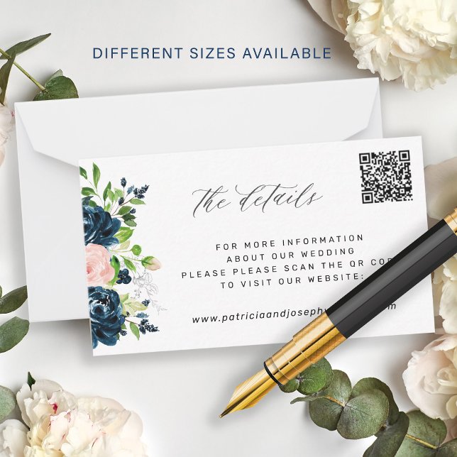 Elegant navy pink floral QR CODE wedding details Card (Creator Uploaded)