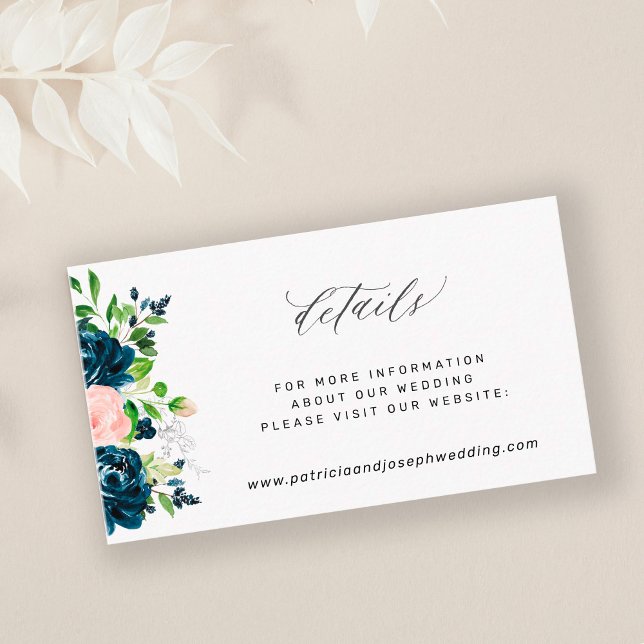 Elegant navy pink floral wedding details enclosure card (Creator Uploaded)