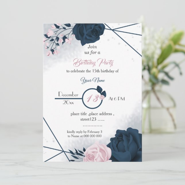 elegant navy & pink flowers birthday invitation (Standing Front)