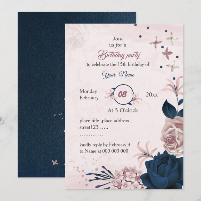 elegant navy & pink flowers birthday party invitation (Front/Back)
