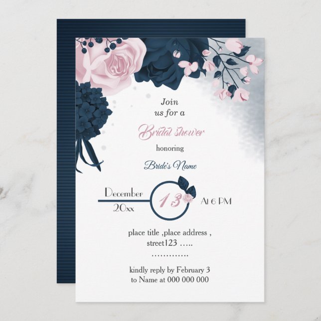 elegant navy & pink flowers bridal shower  invitation (Front/Back)