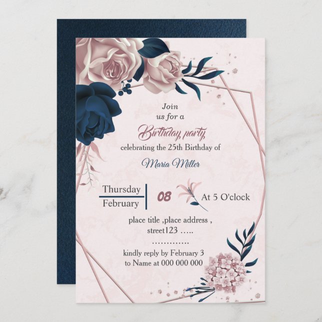 elegant navy & pink flowers geometric birthday invitation (Front/Back)