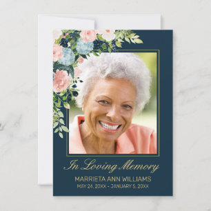 Elegant Navy Pink Rose Floral Photo Memorial Thank You Card