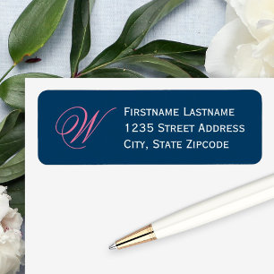Elegant Navy Pink Script Monogram Address Return Address Label