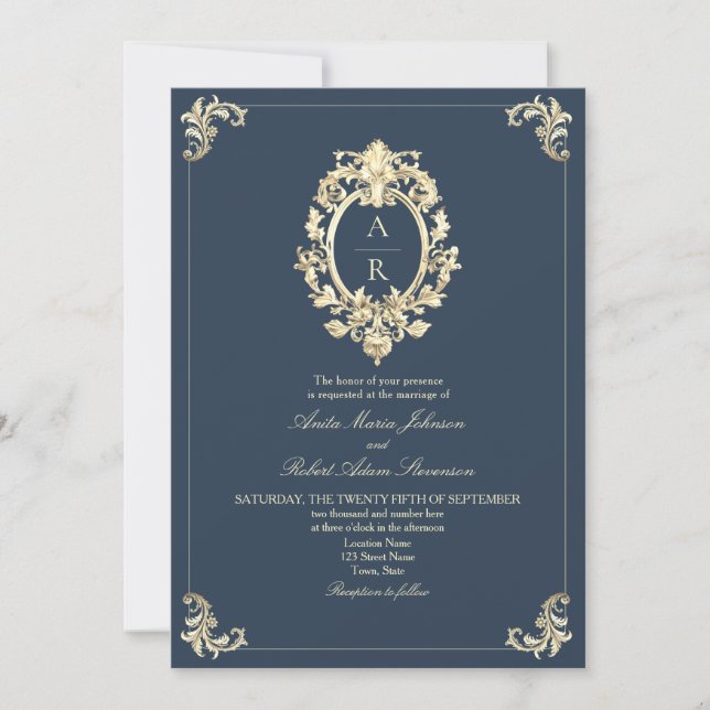 Elegant Navy QR Code Wedding Invitation (Front)