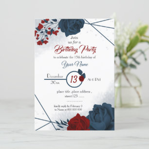 elegant navy & red floral botanical birthday invitation