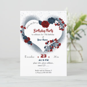 elegant navy & red floral heart birthday invitation