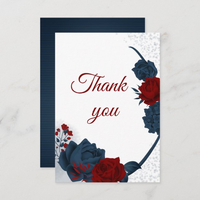 elegant navy & red flowers botanical thank you card (Front/Back)