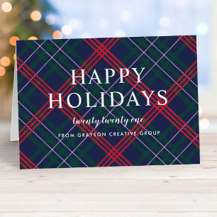 Elegant Navy Red Green Tartan Plaid Business Holiday Card