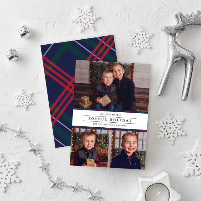 Elegant Navy Red Green Tartan Plaid Photo Collage Holiday Card (Creator Uploaded)