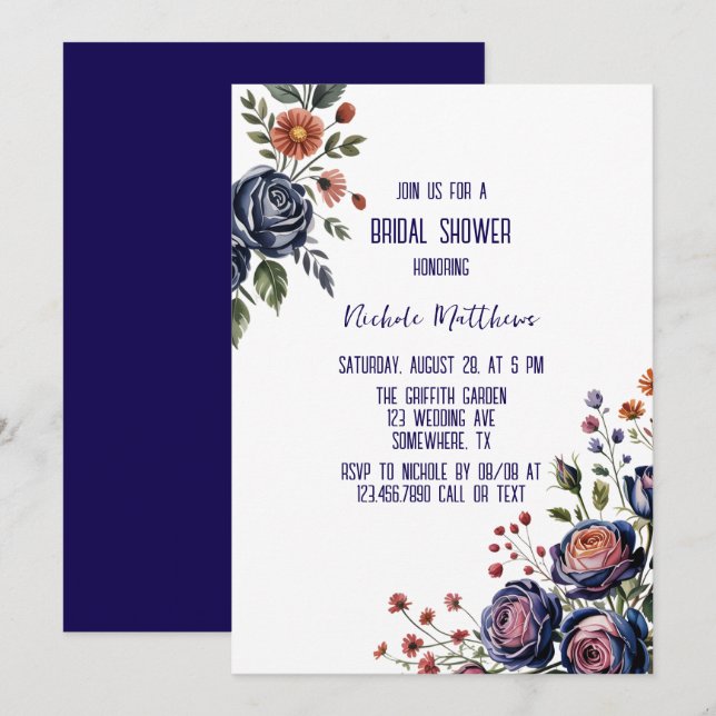 Elegant Navy Rose and Coral Bridal Shower Invitation (Front/Back)