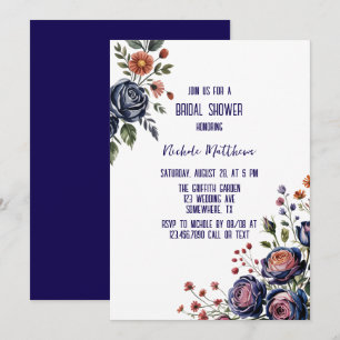 Elegant Navy Rose and Coral Bridal Shower Invitation