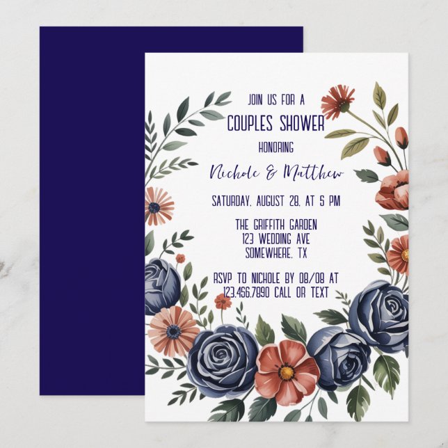 Elegant Navy Rose and Terracotta Couples Shower Invitation (Front/Back)