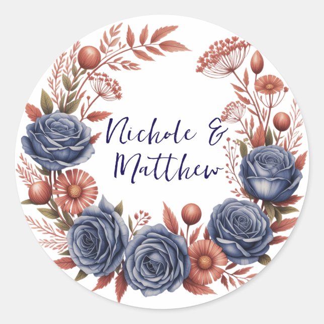 Elegant Navy Rose and Terracotta Florals Wedding Classic Round Sticker (Front)