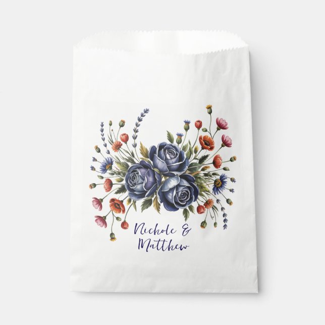 Elegant Navy Rose and Terracotta Florals Wedding Favour Bag (Front)