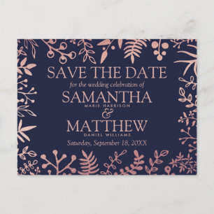 Elegant Navy & Rose Gold Floral Wedding Collection Announcement Postcard