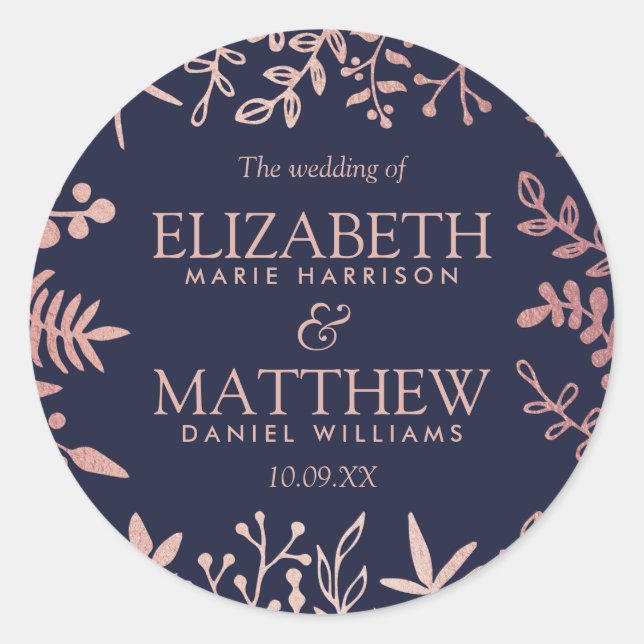 Elegant Navy & Rose Gold Floral Wedding Collection Classic Round Sticker (Front)