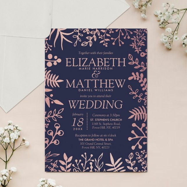 Elegant Navy & Rose Gold Floral Wedding Collection Invitation (Creator Uploaded)