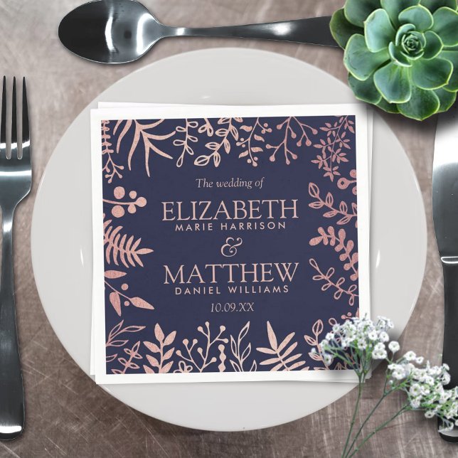Elegant Navy & Rose Gold Floral Wedding Collection Napkin (Creator Uploaded)