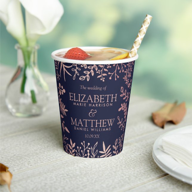 Elegant Navy & Rose Gold Floral Wedding Collection Paper Cups (Insitu)