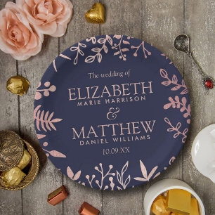 Elegant Navy & Rose Gold Floral Wedding Collection Paper Plate