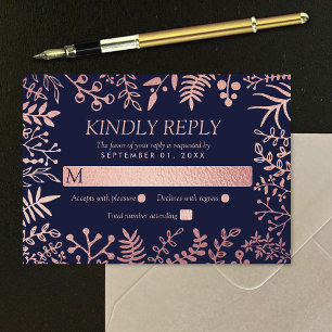 Elegant Navy & Rose Gold Floral Wedding Collection RSVP Card
