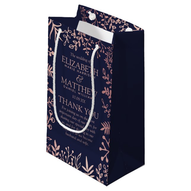 Elegant Navy & Rose Gold Floral Wedding Collection Small Gift Bag (Front Angled)