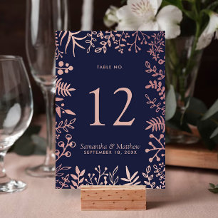 Elegant Navy & Rose Gold Floral Wedding Collection Table Number