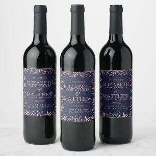 Elegant Navy & Rose Gold Floral Wedding Collection Wine Label