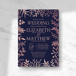 Elegant Navy & Rose Gold Floral Wedding Rehearsal Invitation