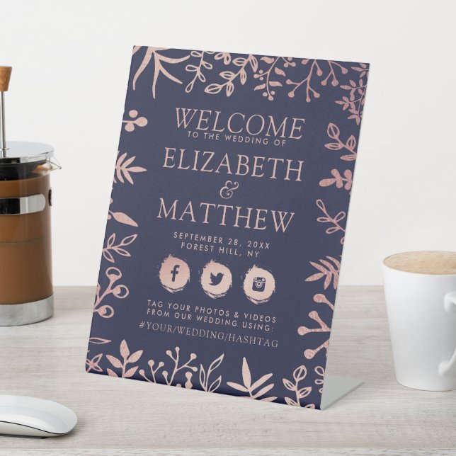 Elegant Navy & Rose Gold Floral Wedding Welcome Pedestal Sign (In SItu)