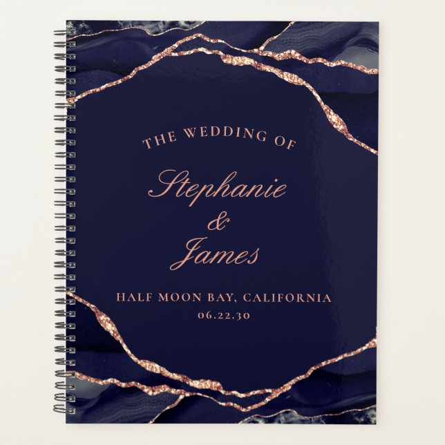 Elegant Navy Rose Gold Foil Agate Photo Wedding Planner (Front)