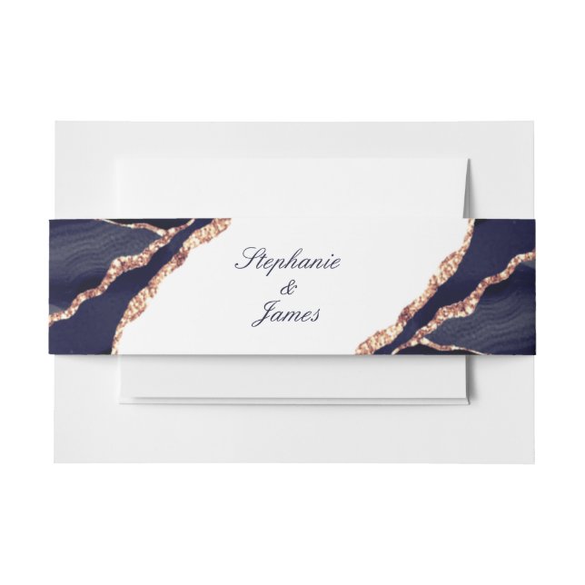 Elegant Navy Rose Gold Foil Agate Wedding Invitation Belly Band (Front Example)